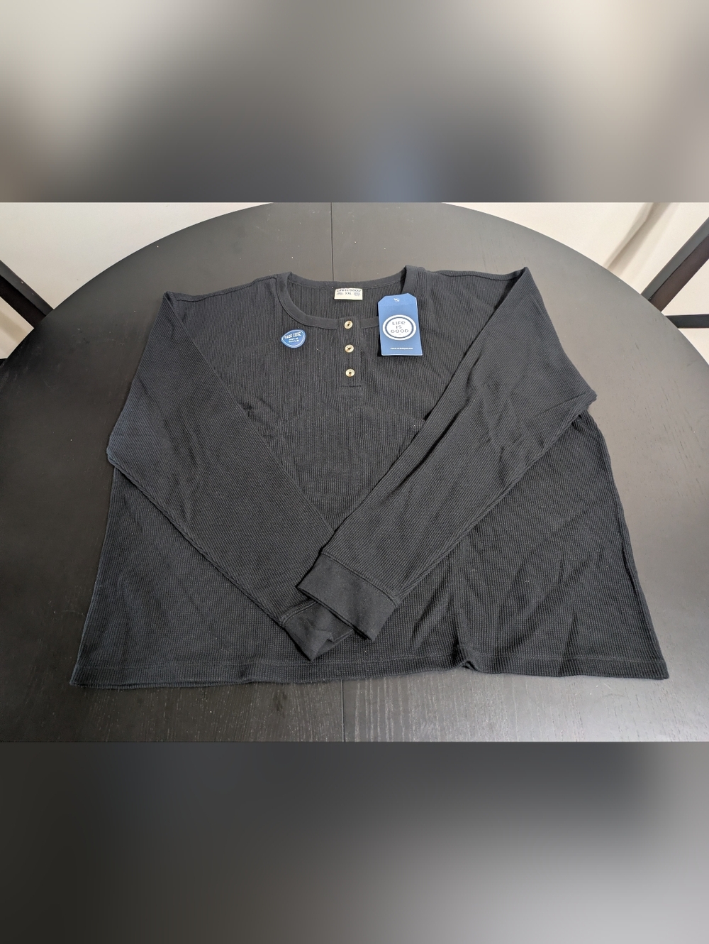 Life Is Good Black Waffle-Knit Henley Crewneck Sweater